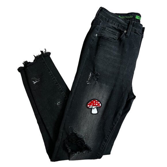 S.O.N.G. Eco Love Jeans Distressed Mushroom Patch Skinny Jeans Sz 13 Juniors Bla - Picture 1 of 12